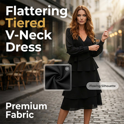 Elegantes, gestuftes Langarmkleid mit V-Ausschnitt