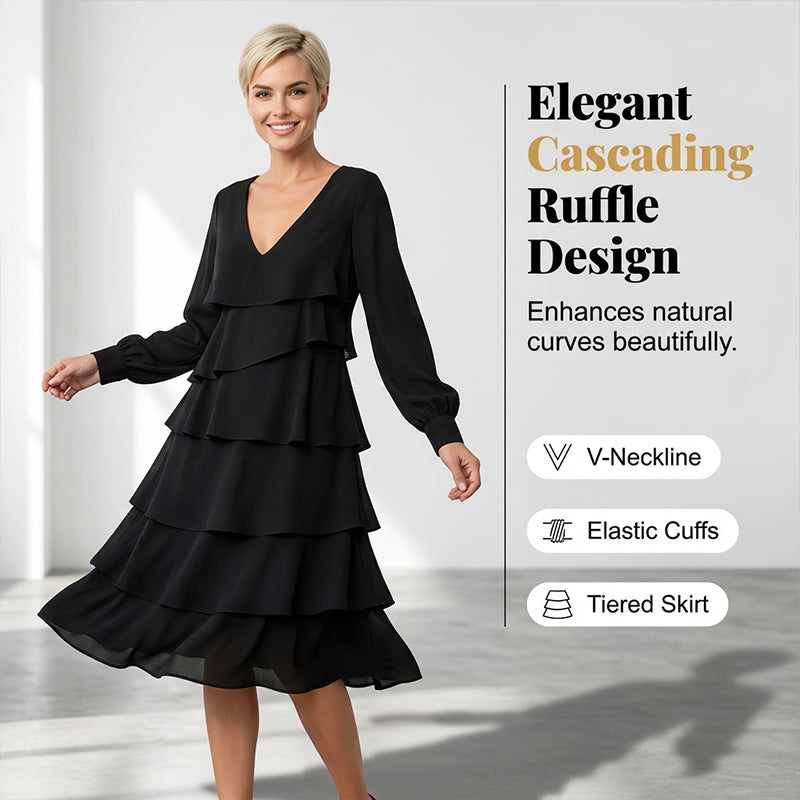 Elegantes, gestuftes Langarmkleid mit V-Ausschnitt