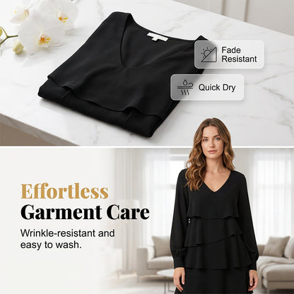 Elegantes, gestuftes Langarmkleid mit V-Ausschnitt