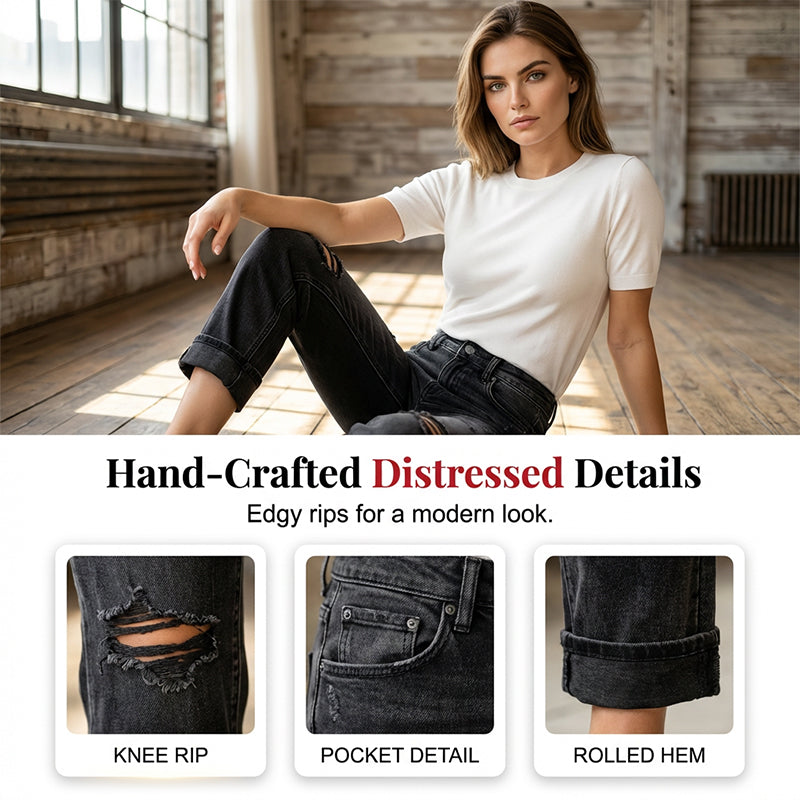 Lässige Damenjeans mit geradem Bein und Rissen