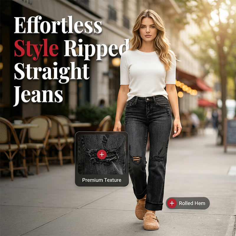 Lässige Damenjeans mit geradem Bein und Rissen