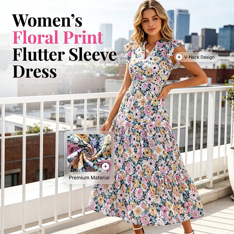 Sommerkleid mit Blumenmuster – V-Ausschnitt, Umfallärmel, hohe Taille & fließender Rock | Atmungsaktive Qualität für Urlaub & Gartenparty – Größe S–2XL