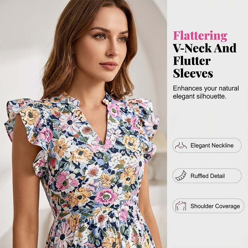 Sommerkleid mit Blumenmuster – V-Ausschnitt, Umfallärmel, hohe Taille & fließender Rock | Atmungsaktive Qualität für Urlaub & Gartenparty – Größe S–2XL