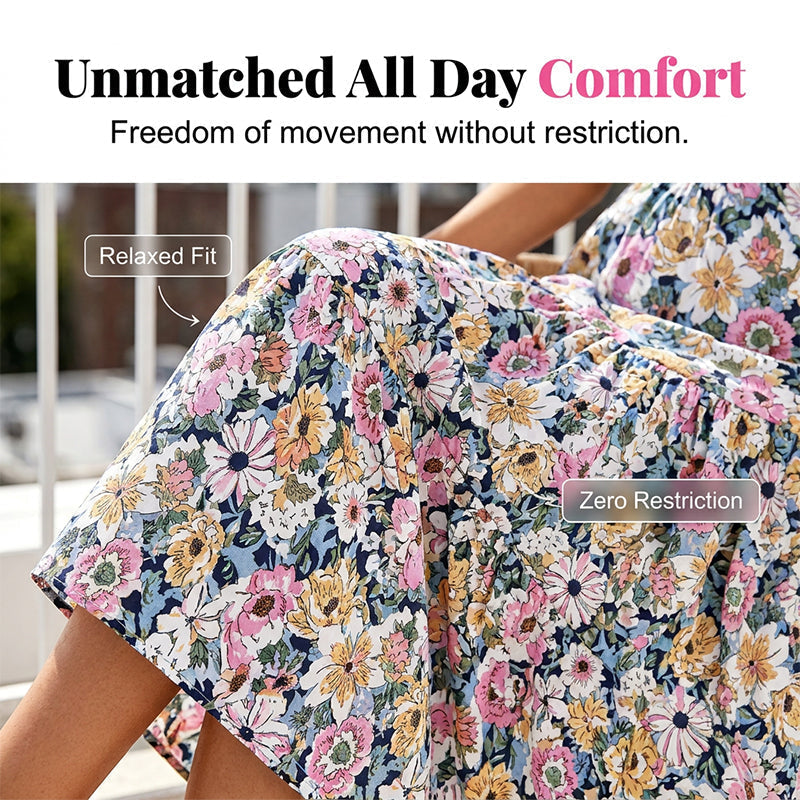 Sommerkleid mit Blumenmuster – V-Ausschnitt, Umfallärmel, hohe Taille & fließender Rock | Atmungsaktive Qualität für Urlaub & Gartenparty – Größe S–2XL
