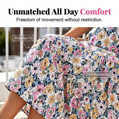 Sommerkleid mit Blumenmuster – V-Ausschnitt, Umfallärmel, hohe Taille & fließender Rock | Atmungsaktive Qualität für Urlaub & Gartenparty – Größe S–2XL