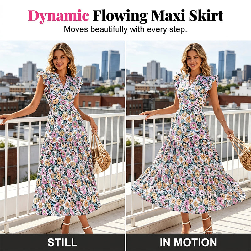 Sommerkleid mit Blumenmuster – V-Ausschnitt, Umfallärmel, hohe Taille & fließender Rock | Atmungsaktive Qualität für Urlaub & Gartenparty – Größe S–2XL