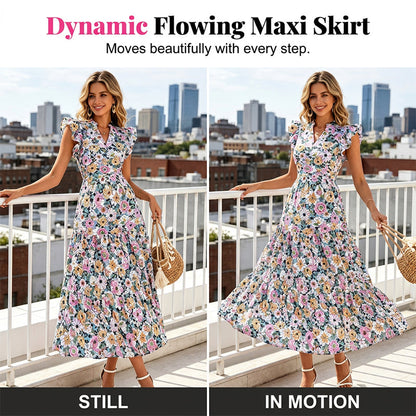 Sommerkleid mit Blumenmuster – V-Ausschnitt, Umfallärmel, hohe Taille & fließender Rock | Atmungsaktive Qualität für Urlaub & Gartenparty – Größe S–2XL