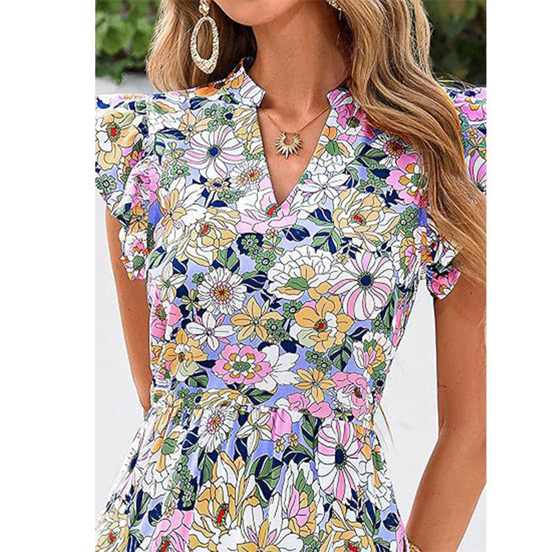 Sommerkleid mit Blumenmuster – V-Ausschnitt, Umfallärmel, hohe Taille & fließender Rock | Atmungsaktive Qualität für Urlaub & Gartenparty – Größe S–2XL