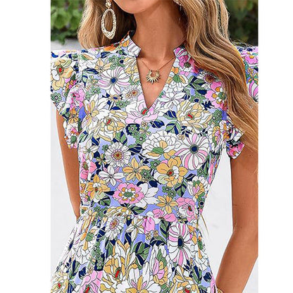 Sommerkleid mit Blumenmuster – V-Ausschnitt, Umfallärmel, hohe Taille & fließender Rock | Atmungsaktive Qualität für Urlaub & Gartenparty – Größe S–2XL
