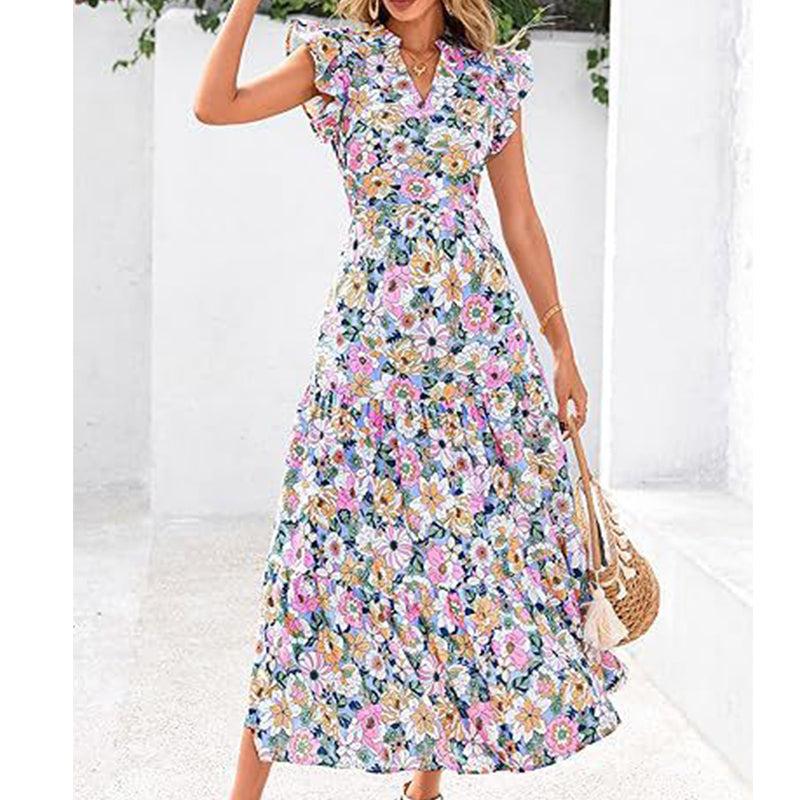 Sommerkleid mit Blumenmuster – V-Ausschnitt, Umfallärmel, hohe Taille & fließender Rock | Atmungsaktive Qualität für Urlaub & Gartenparty – Größe S–2XL