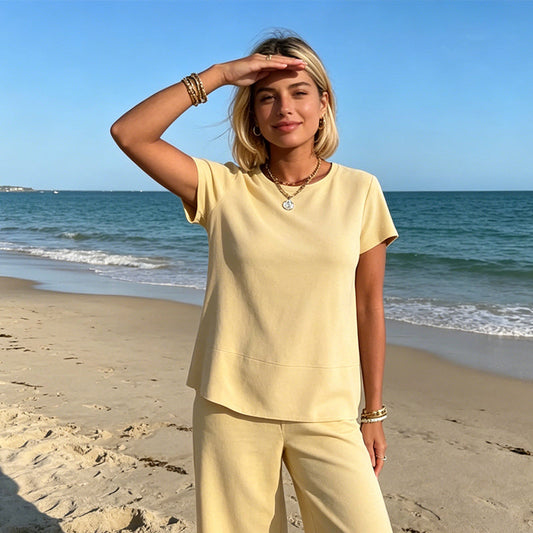 🔥50% Rabatt！❄️2026 Neuheit – heiß begehrt！🌿 Lounge Set mit Rundhals & weiter Hose – Baumwollmischung, atmungsaktiv, figurschmeichelnd – in Gelb & Blau (S–5XL)