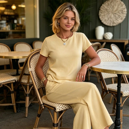 🔥50% Rabatt！❄️2026 Neuheit – heiß begehrt！🌿 Lounge Set mit Rundhals & weiter Hose – Baumwollmischung, atmungsaktiv, figurschmeichelnd – in Gelb & Blau (S–5XL)