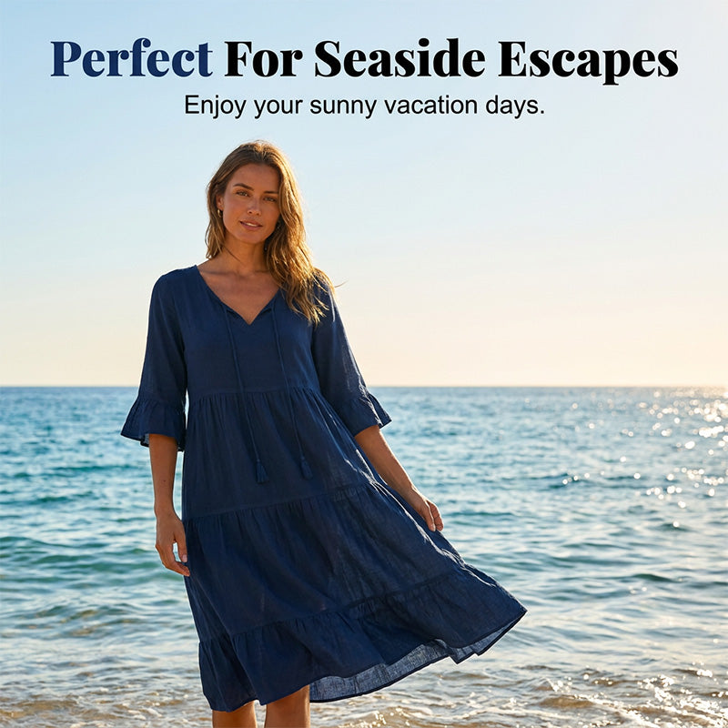 💃 50% RABATT! Damen Midikleid mit V-Ausschnitt & Stufenrock – Luftig, Elegant & Perfekt für Strand & Freizeit!