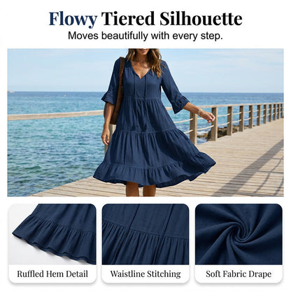💃 50% RABATT! Damen Midikleid mit V-Ausschnitt & Stufenrock – Luftig, Elegant & Perfekt für Strand & Freizeit!