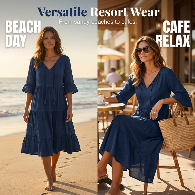 💃 50% RABATT! Damen Midikleid mit V-Ausschnitt & Stufenrock – Luftig, Elegant & Perfekt für Strand & Freizeit!