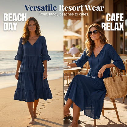 💃 50% RABATT! Damen Midikleid mit V-Ausschnitt & Stufenrock – Luftig, Elegant & Perfekt für Strand & Freizeit!