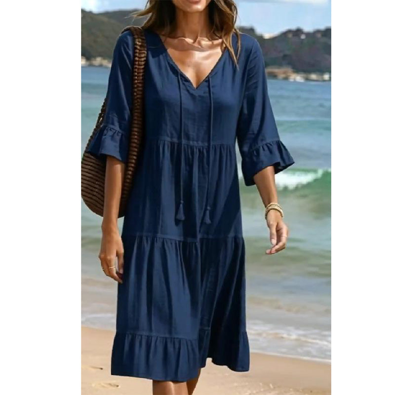 💃 50% RABATT! Damen Midikleid mit V-Ausschnitt & Stufenrock – Luftig, Elegant & Perfekt für Strand & Freizeit!