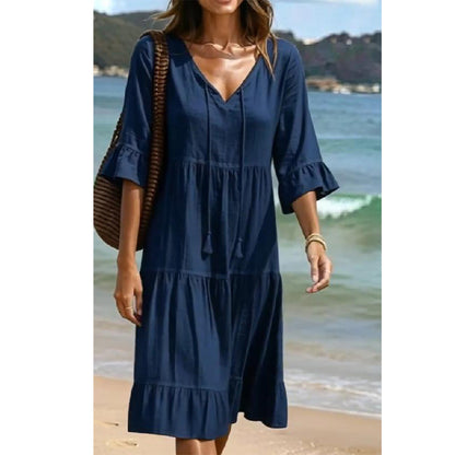 💃 50% RABATT! Damen Midikleid mit V-Ausschnitt & Stufenrock – Luftig, Elegant & Perfekt für Strand & Freizeit!