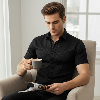 ⏰ 50% RABATT! Strukturiertes Herrenhemd in Schwarz – Rautenmuster & moderne Passform!