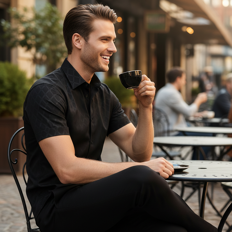 ⏰ 50% RABATT! Strukturiertes Herrenhemd in Schwarz – Rautenmuster & moderne Passform!