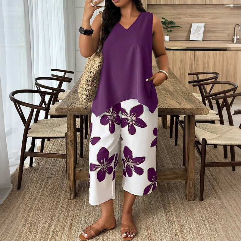 👚🌸 NUR FÜR KURZE ZEIT: 50% RABATT! Set aus asymmetrischem Damenoberteil & Caprihose mit Blumenmuster – Vielseitig, farbenfroh, bequem 🌺