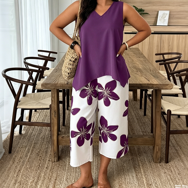 👚🌸 NUR FÜR KURZE ZEIT: 50% RABATT! Set aus asymmetrischem Damenoberteil & Caprihose mit Blumenmuster – Vielseitig, farbenfroh, bequem 🌺