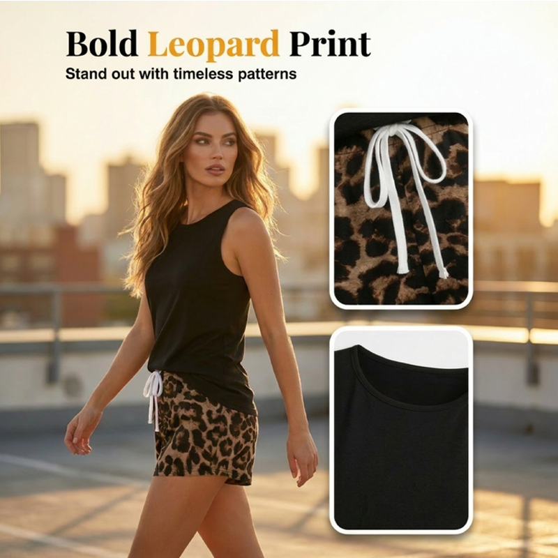 ⏰ 50 % RABATT – Nur für kurze Zeit ✨Damen-Tanktop & Leoparden-Shorts-Set – Lässig, auffällig, stylisch 🐆