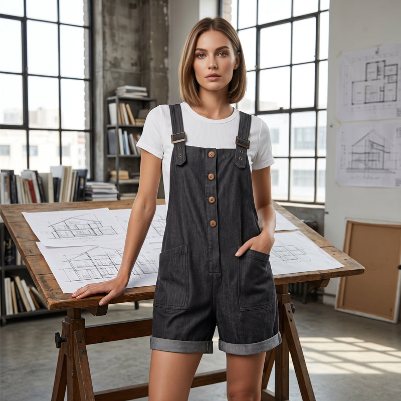 👖 NUR FÜR BEGRENZTE ZEIT: 50 % RABATT! 🌸 Einfarbiger Retro-Strampler mit verstellbaren Trägern – Knopfleiste vorne, große Taschen, lockere Passform ✨