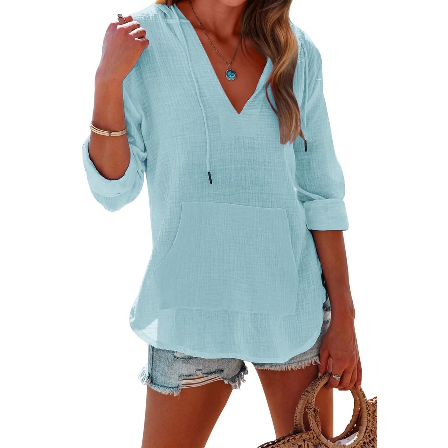 Damen Oversize-Hoodie mit V-Ausschnitt und Kängurutasche für Strand & Alltag