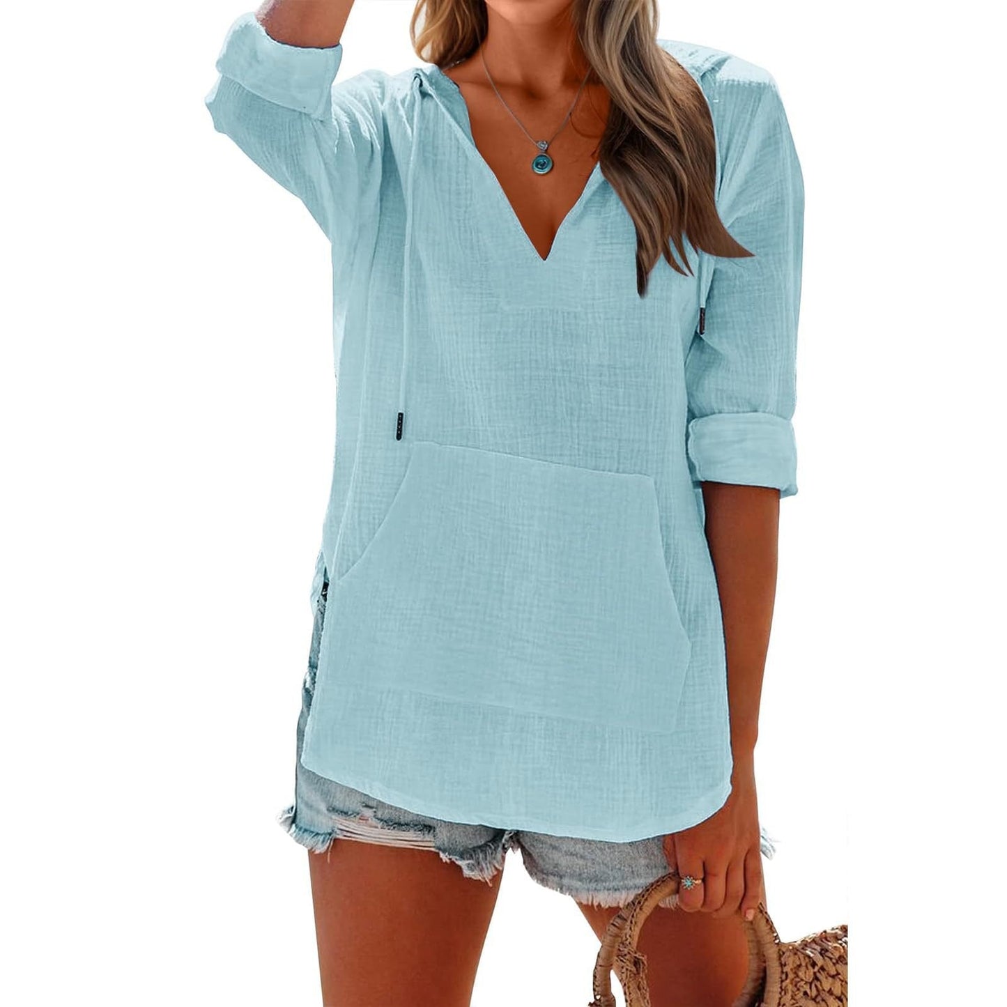 Damen Oversize-Hoodie mit V-Ausschnitt und Kängurutasche für Strand & Alltag