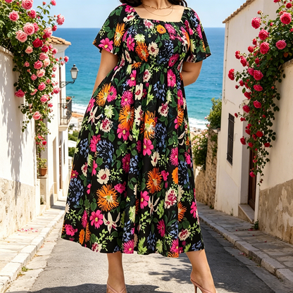🏖️Sommer-Sonderangebot: 50 % Rabatt🏝️👗Midi-Kleid mit Blumenmuster, Smok-Details, quadratischem Ausschnitt und Taschen💃