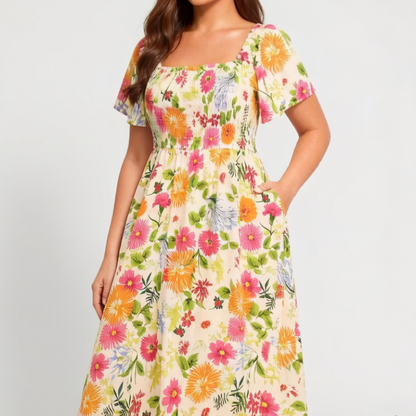 🏖️Sommer-Sonderangebot: 50 % Rabatt🏝️👗Midi-Kleid mit Blumenmuster, Smok-Details, quadratischem Ausschnitt und Taschen💃