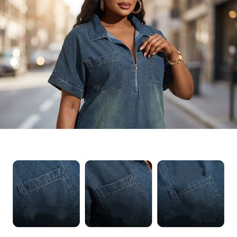 Lässiges Jeanskleid mit halbem Reißverschluss für Damen