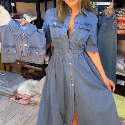 Blaues Slim-Fit-Jeanskleid mit Kragen und Knöpfen für Damen