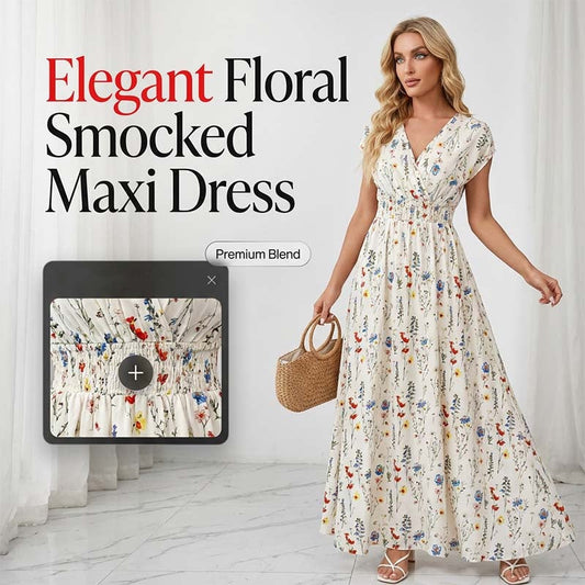 👗 Langes Maxikleid mit Blumenmuster, V-Ausschnitt & geraffter Taille – elegant & figurbetonend