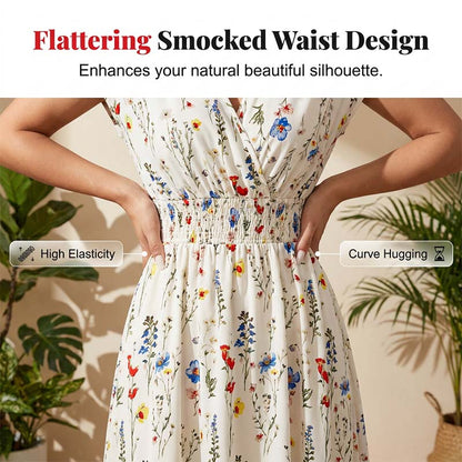 👗 Langes Maxikleid mit Blumenmuster, V-Ausschnitt & geraffter Taille – elegant & figurbetonend
