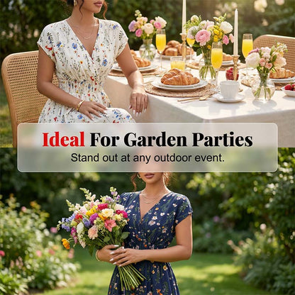 👗 Langes Maxikleid mit Blumenmuster, V-Ausschnitt & geraffter Taille – elegant & figurbetonend