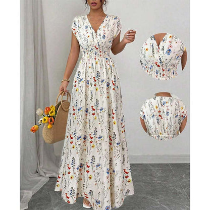 👗 Langes Maxikleid mit Blumenmuster, V-Ausschnitt & geraffter Taille – elegant & figurbetonend