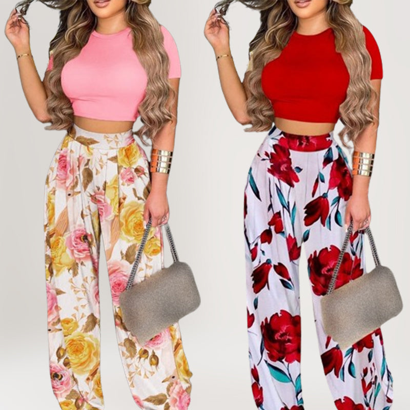 Zweiteiliges Set für Damen: figurbetontes Kurzarm-T-Shirt und lockere Hose
