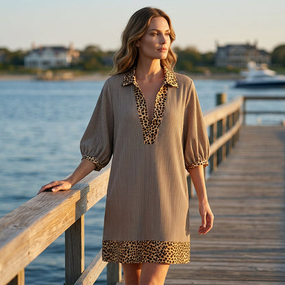 🥳Jetzt 50% reduziert!🎁Tunika-Kleid für Damen mit Kragen, Streifenmuster und Leopardenbesatz
