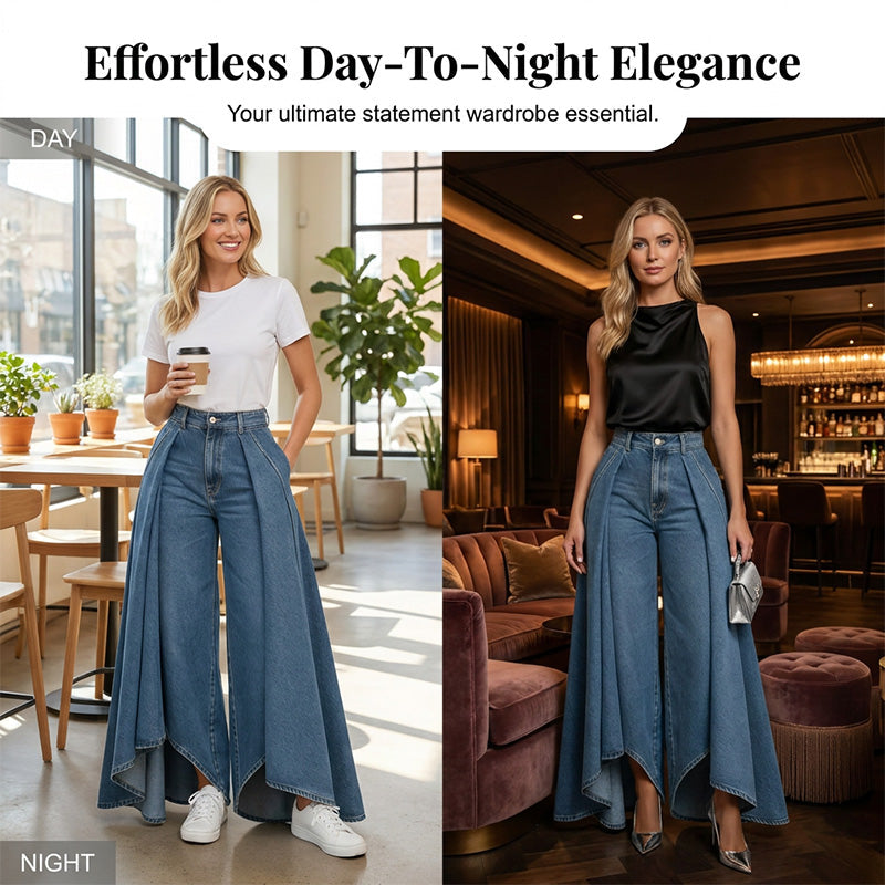 👖Damen Hochtaillierte Weitbein-Jeans mit High-Low-Saum