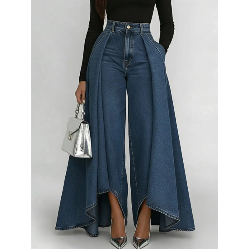 👖Damen Hochtaillierte Weitbein-Jeans mit High-Low-Saum