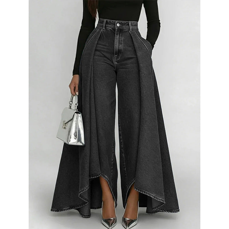 👖Damen Hochtaillierte Weitbein-Jeans mit High-Low-Saum