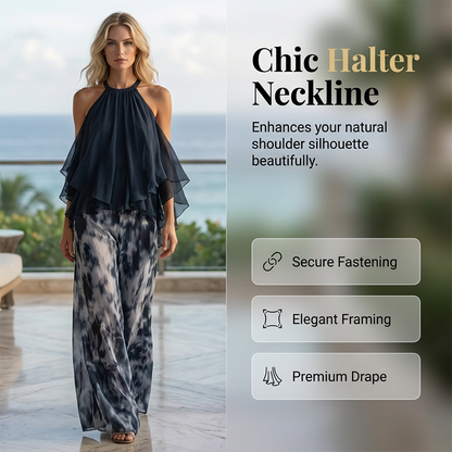 Zweiteiliges, locker sitzendes Neckholder-Outfit für Damen mit bedruckter Hose