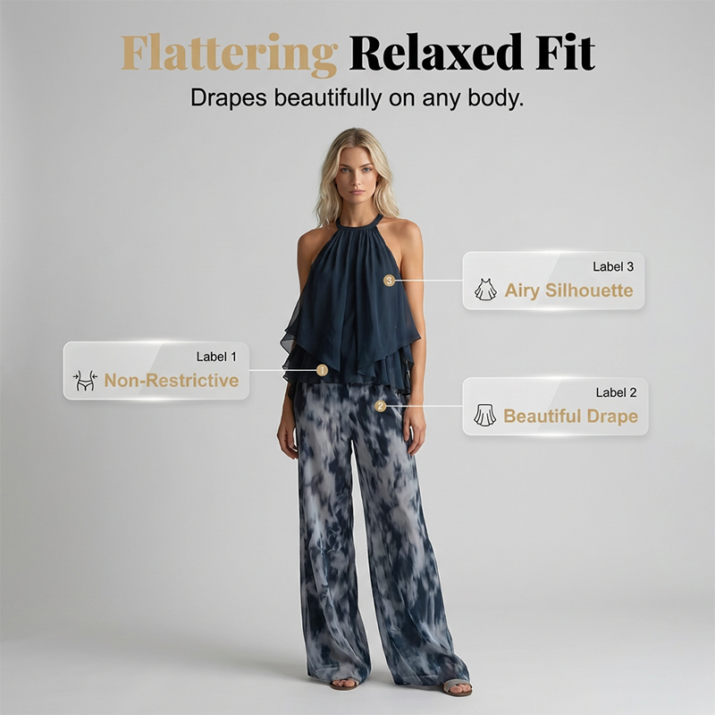 Zweiteiliges, locker sitzendes Neckholder-Outfit für Damen mit bedruckter Hose