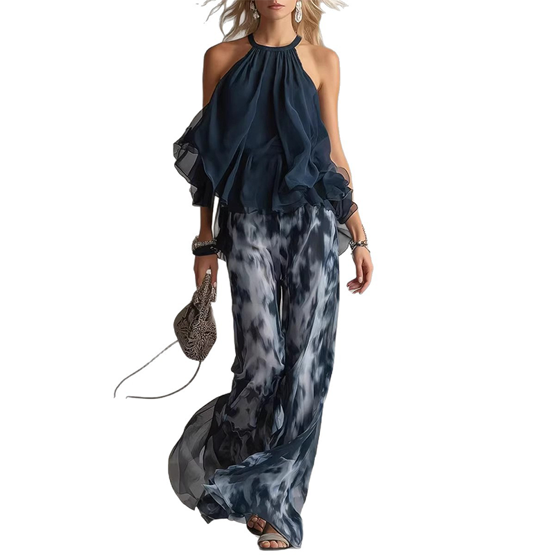 Zweiteiliges, locker sitzendes Neckholder-Outfit für Damen mit bedruckter Hose