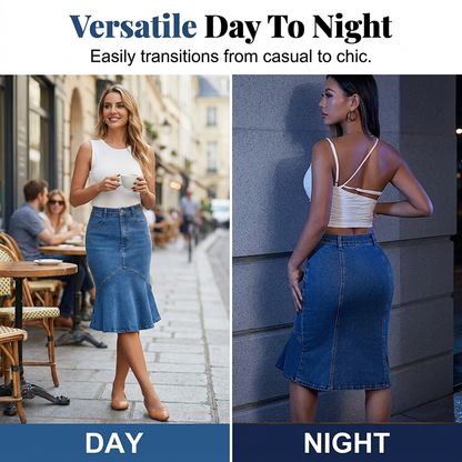 Ausgestellter Midi-Rock aus Denim im Meerjungfrauen-Stil