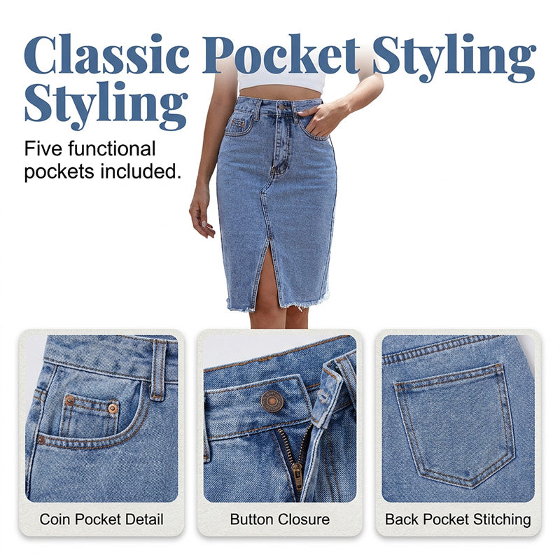 Damen-Jeansrock mit hoher Taille und Schlitz vorne