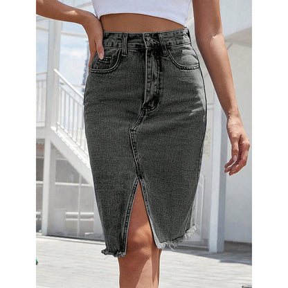 Damen-Jeansrock mit hoher Taille und Schlitz vorne