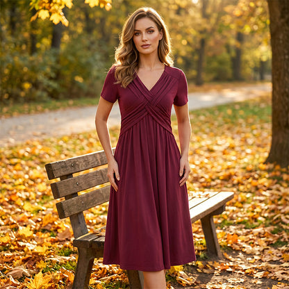Damen V-Ausschnitt Cross-Front Faltenkleid